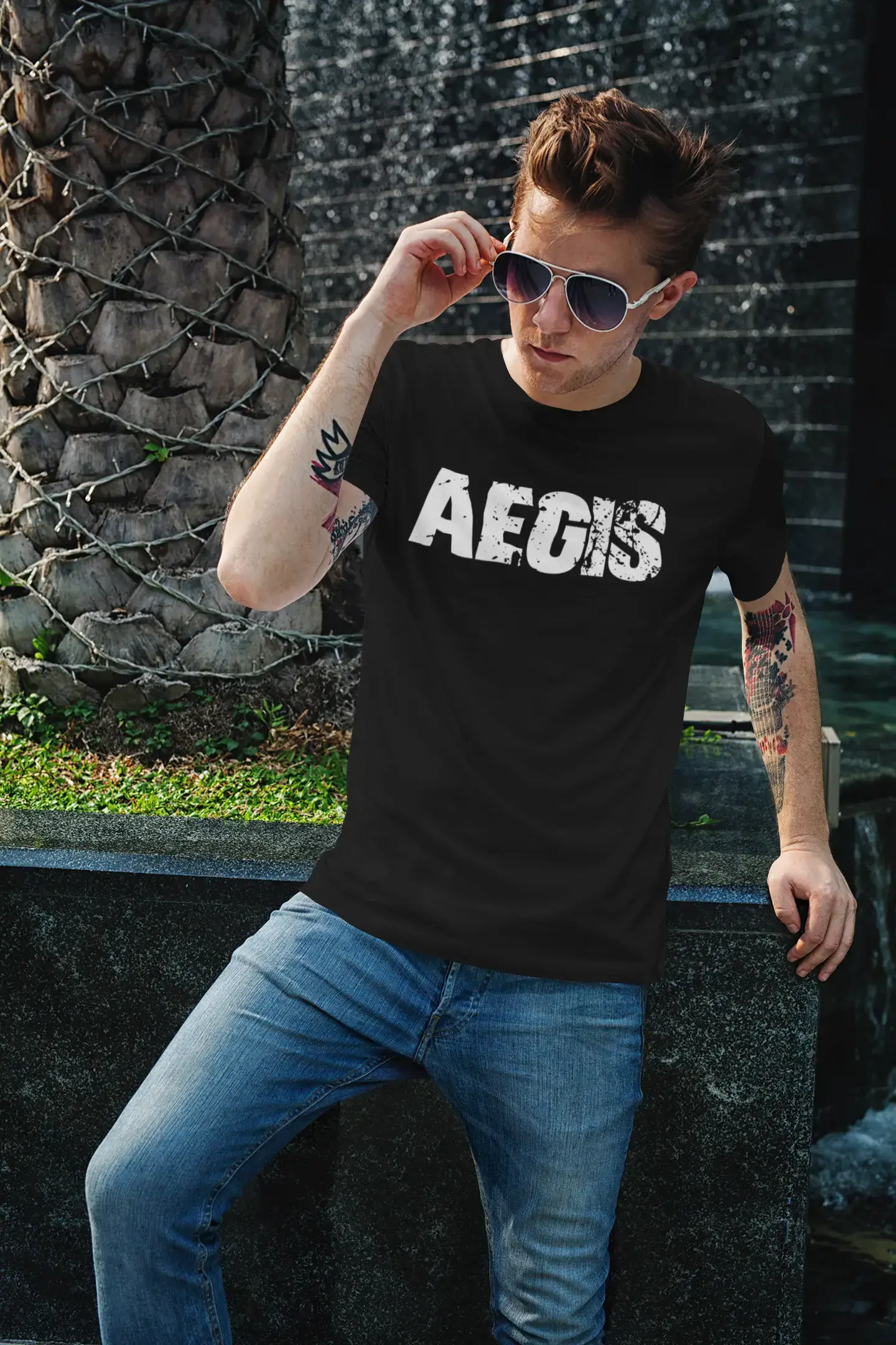 aegis Men's Short Sleeve Round Neck T-shirt , 5 letters Black , word 00006