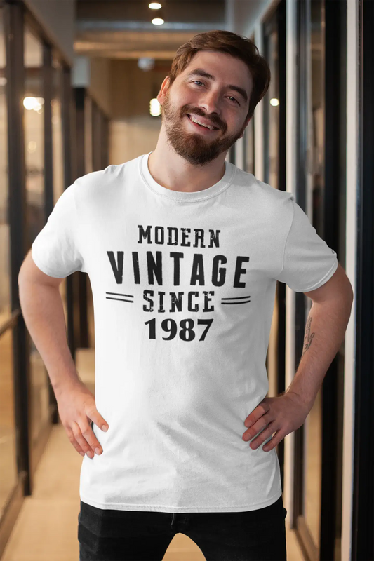 1987, Vintage moderne, blanc, T-shirt à manches courtes et col rond pour homme 00113