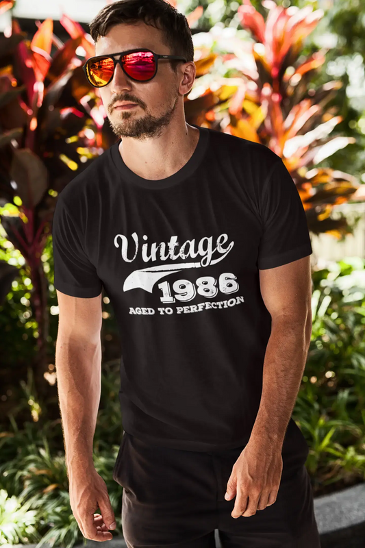 Vintage 1986 vieilli à la perfection, T-shirt noir à manches courtes et col rond pour homme 00100