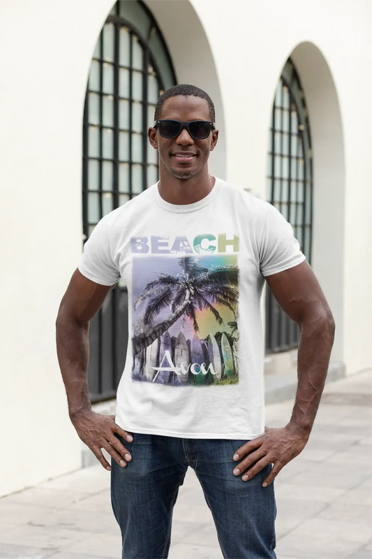 Avon, Beach Palm, blanc, T-shirt à manches courtes et col rond pour hommes
