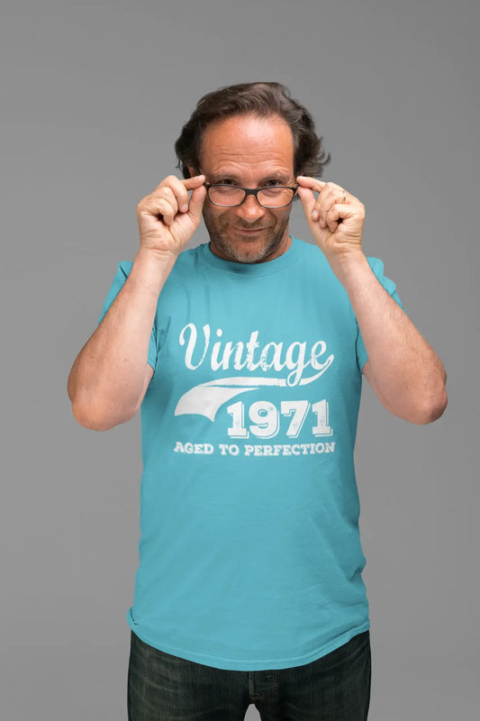 1971 Vintage Aged to Perfection, Bleu, T-shirt à manches courtes et col rond pour homme 00291
