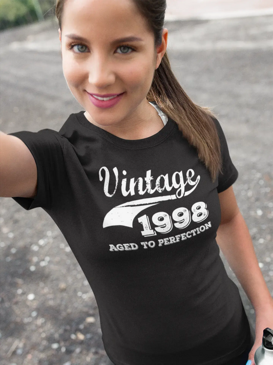 Vintage Aged to Perfection 1998, Noir, T-shirt à manches courtes et col rond pour femmes, t-shirt cadeau 00345