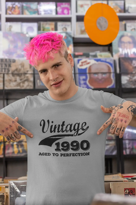 Vintage Aged to Perfection 1990, Gris, T-shirt à manches courtes et col rond pour hommes, t-shirt cadeau 00346