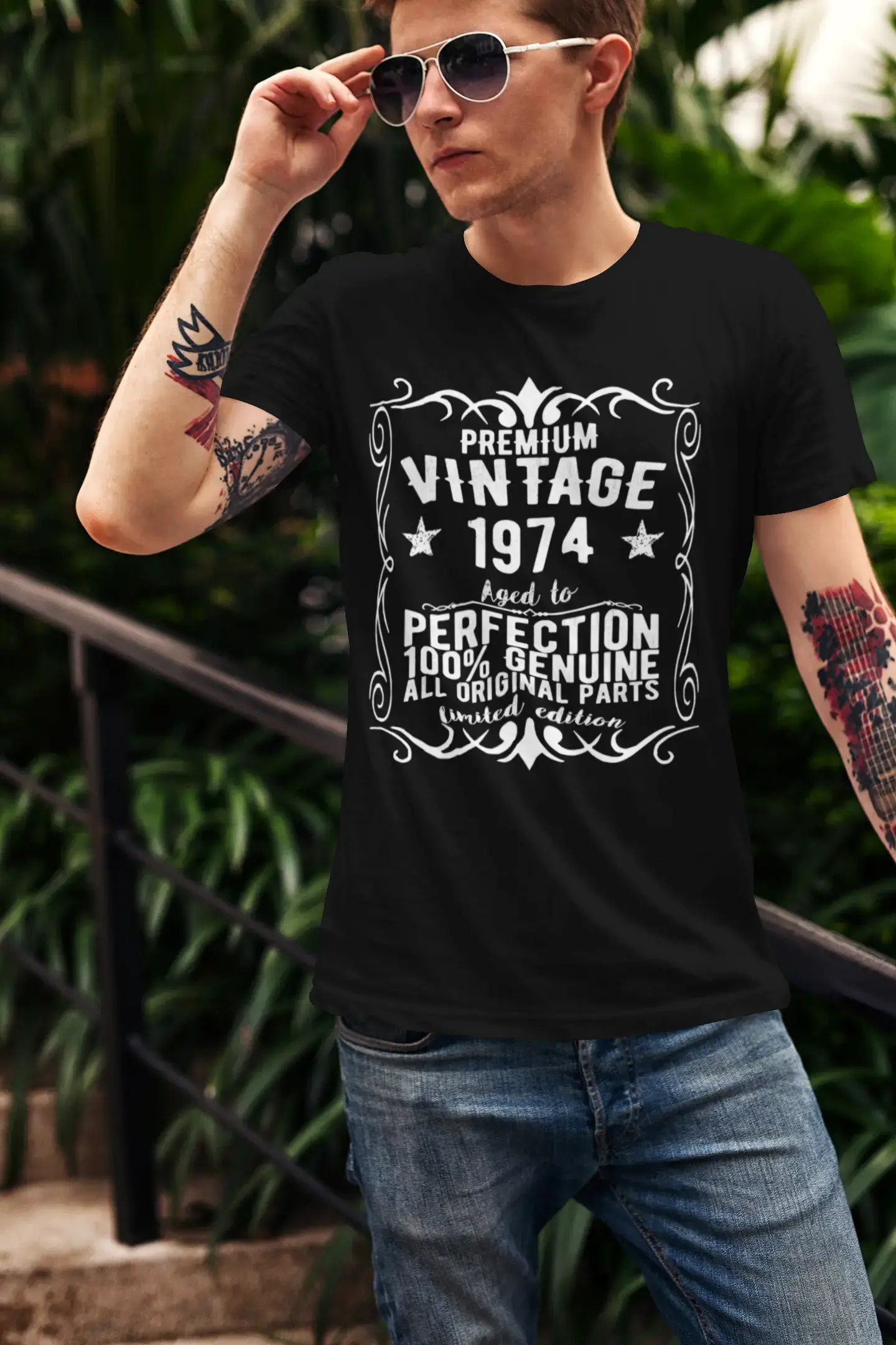 Premium Vintage année 1974, noir, T-shirt à manches courtes et col rond pour hommes, t-shirt cadeau 00347