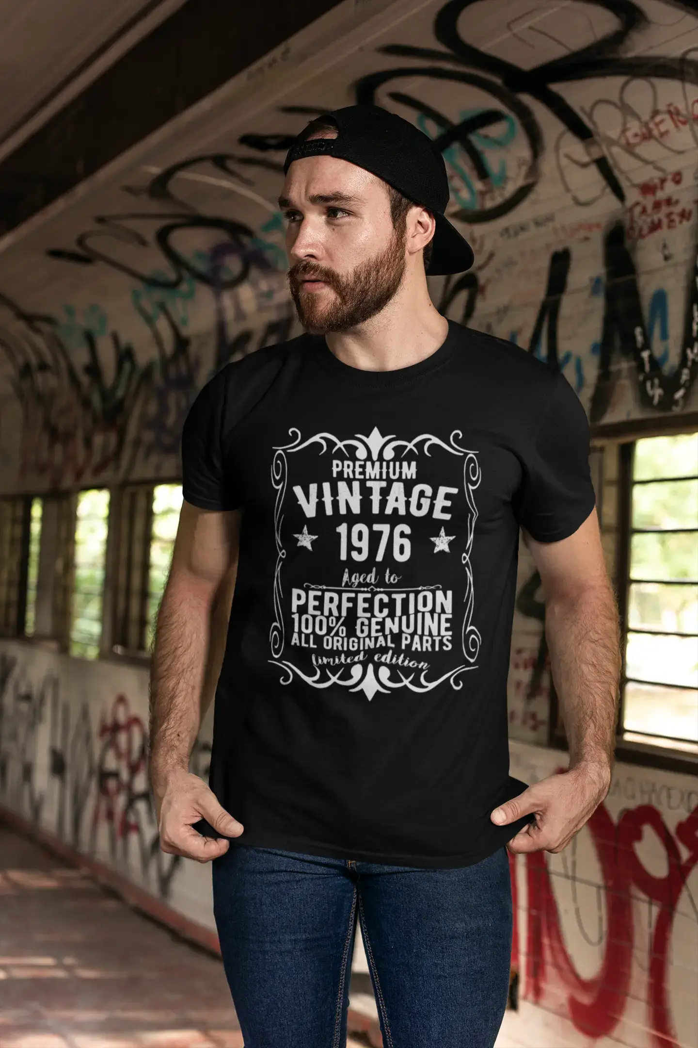 Premium Vintage année 1976, noir, T-shirt à manches courtes et col rond pour hommes, t-shirt cadeau 00347