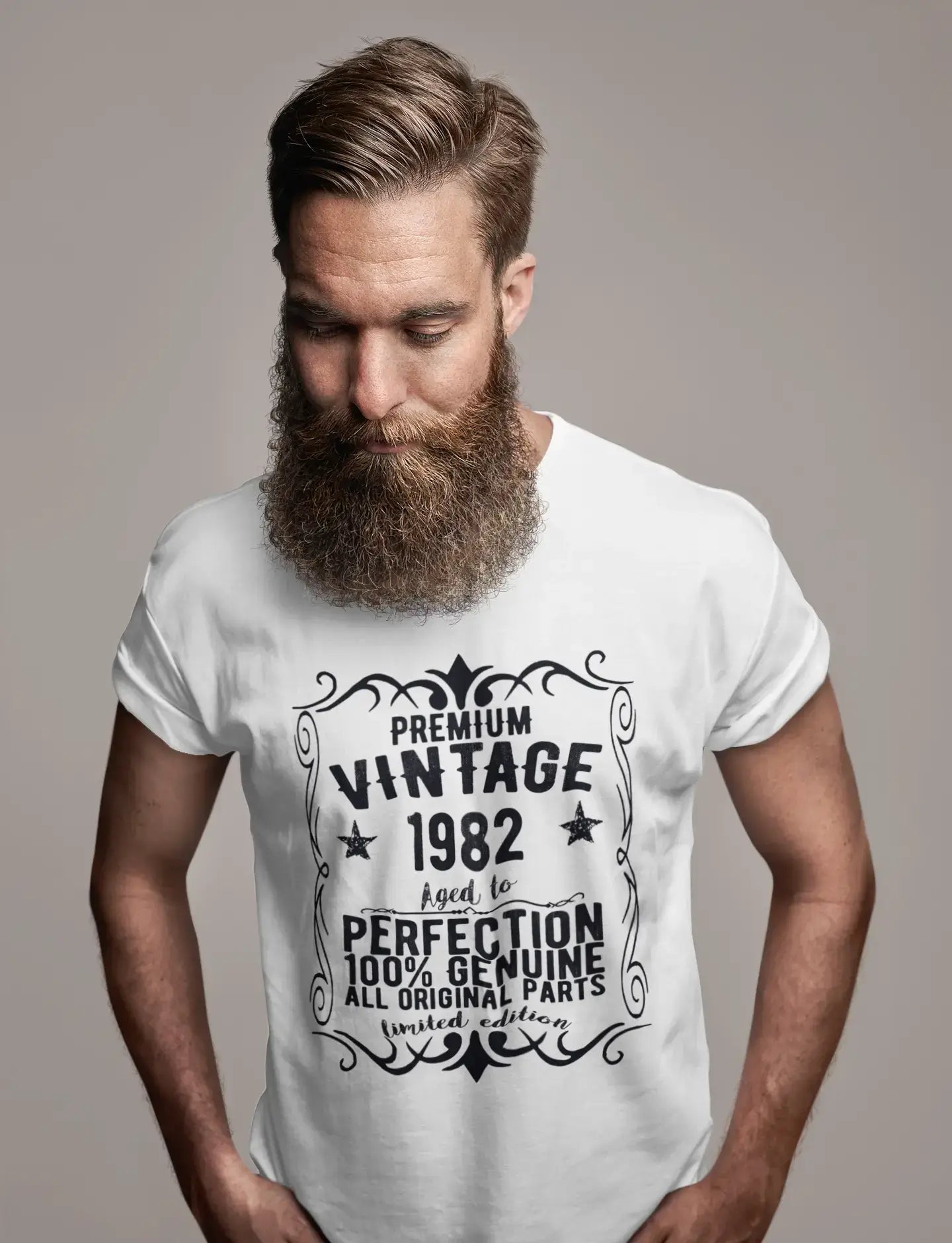 Premium Vintage année 1982, blanc, T-shirt à manches courtes et col rond pour hommes, t-shirt cadeau 00349