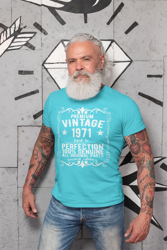 Premium Vintage Année 1971, Bleu, T-shirt à manches courtes et col rond pour homme, t-shirt cadeau 00367