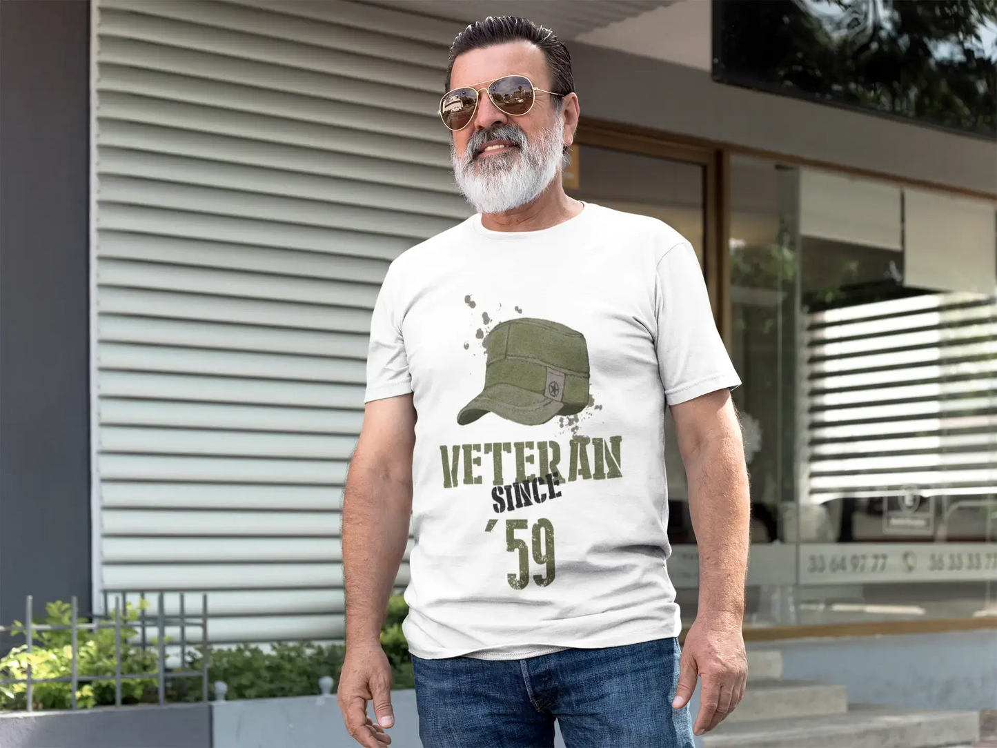 • Vétéran depuis 59 T-shirt Homme Blanc Cadeau d'anniversaire Col Rond 00436