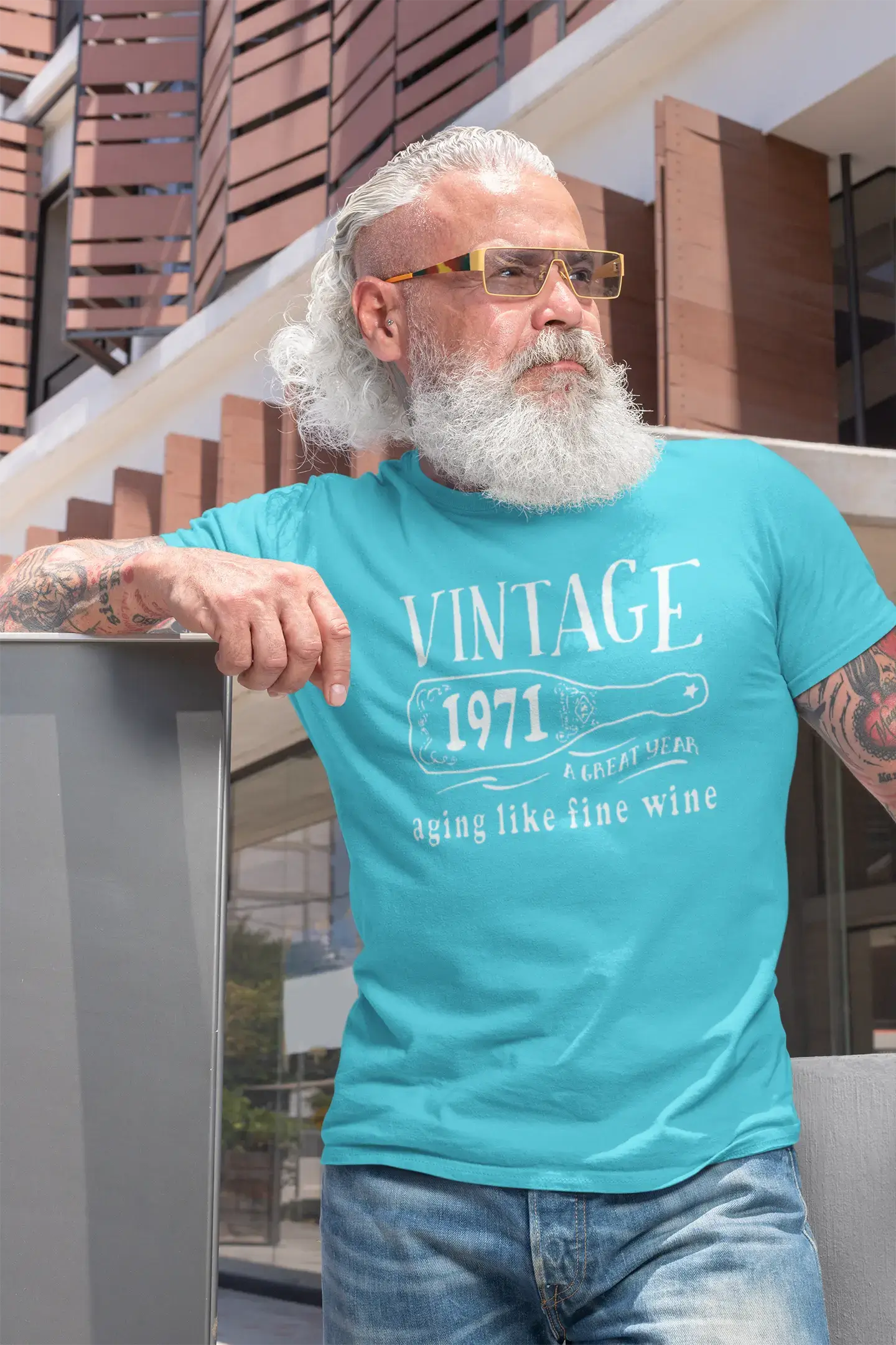 1971 vieillir comme un bon vin T-shirt homme bleu cadeau d'anniversaire 00460