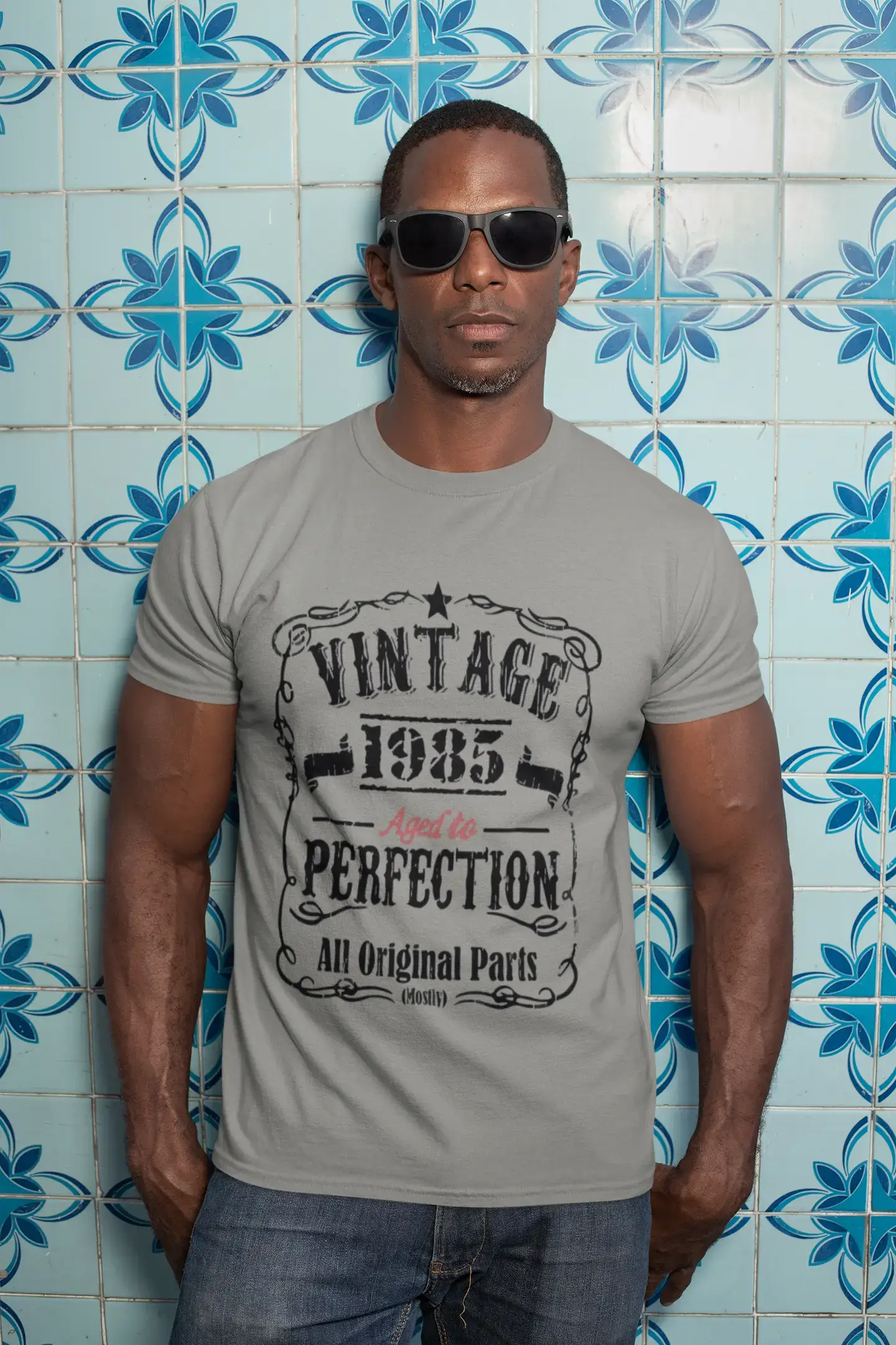 T-shirt Vintage Aged to Perfection <span>pour hommes,</span> <span>gris</span> , <span>cadeau</span> <span>d'anniversaire,</span> 1985, 00489