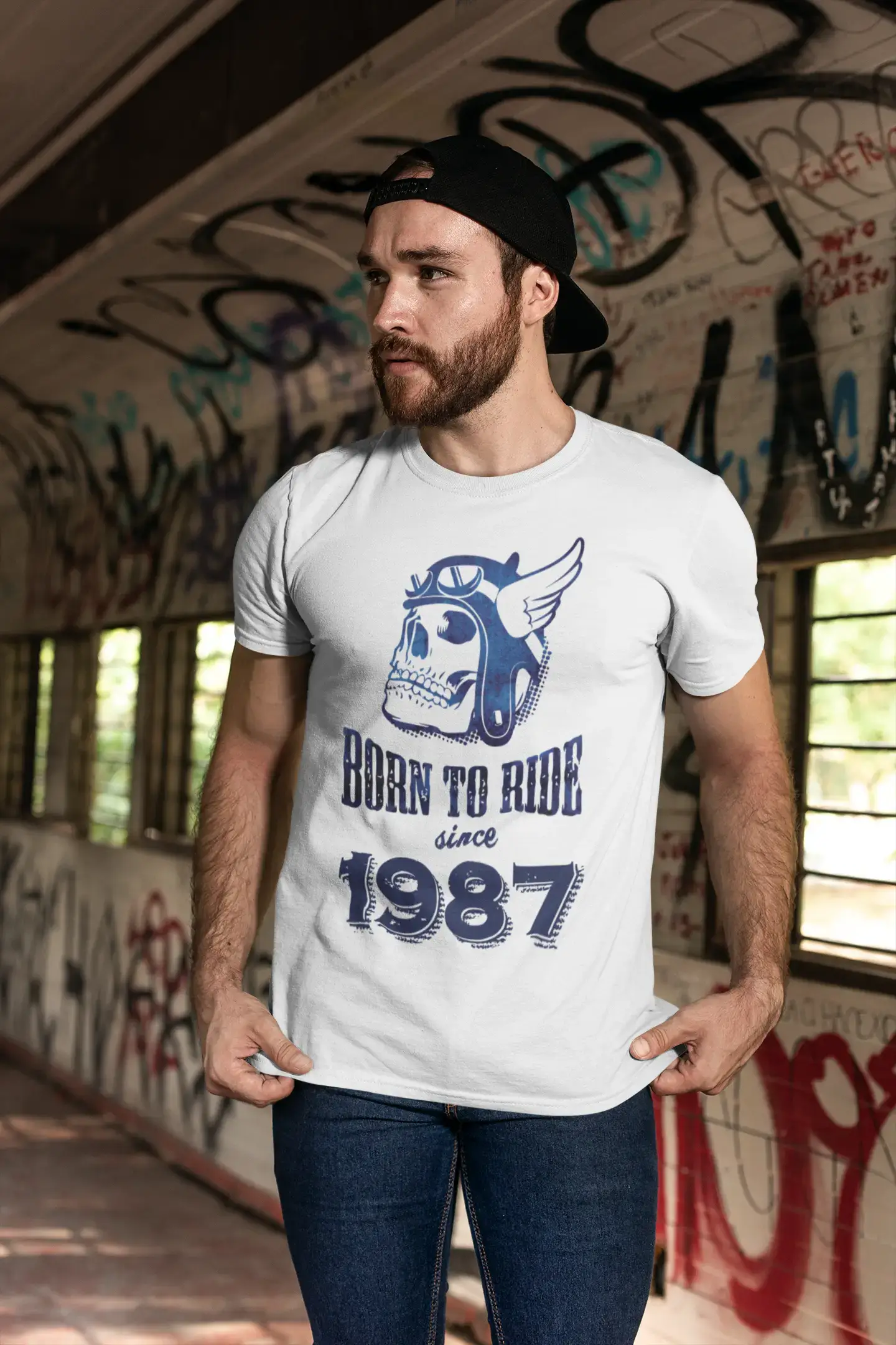 1987, Born to Ride Since 1987 T-shirt Homme Blanc Cadeau d'anniversaire 00494