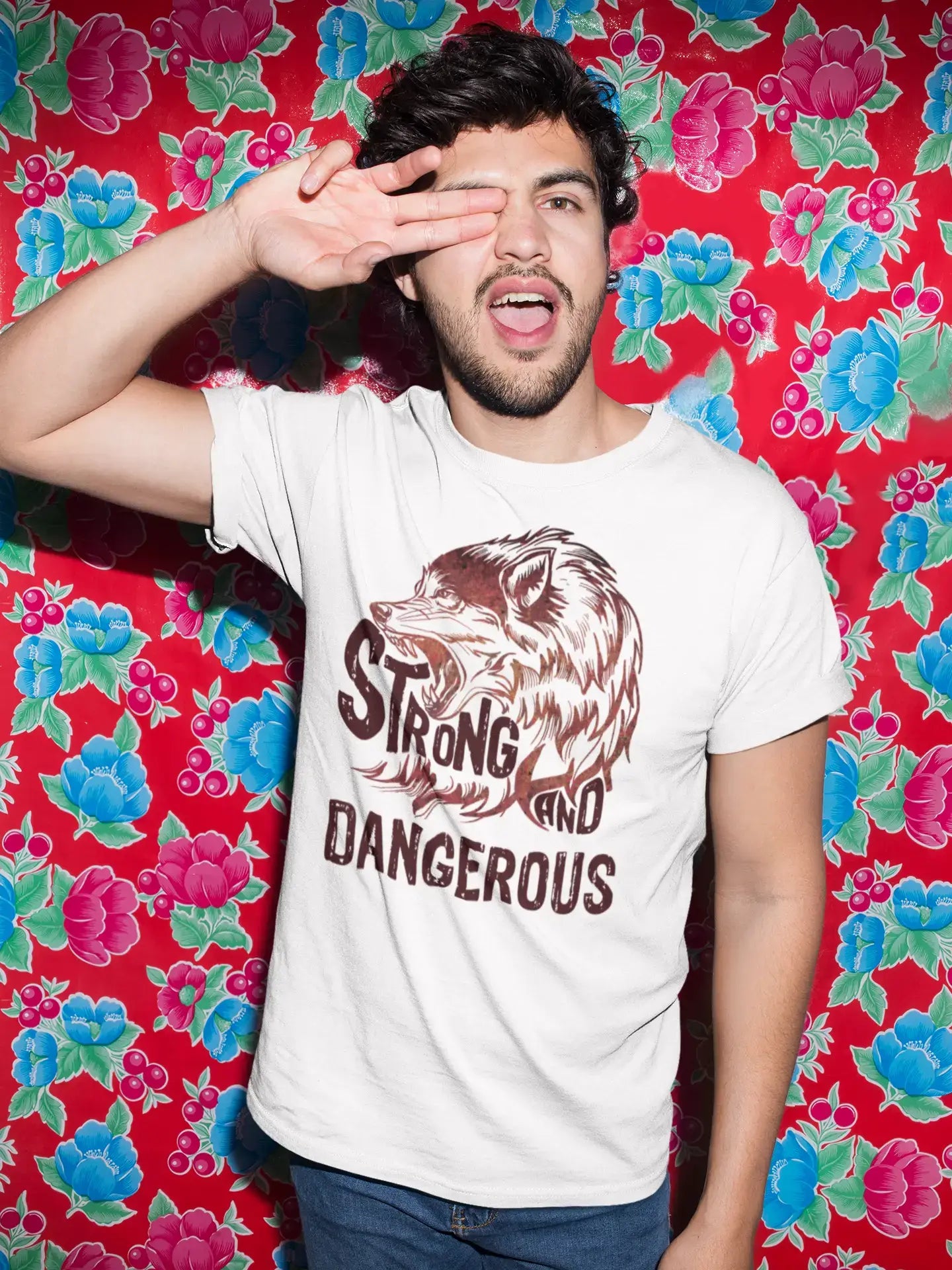 Men's Graphic T-Shirt Strong Wolf And DANGEROUS Vintage White