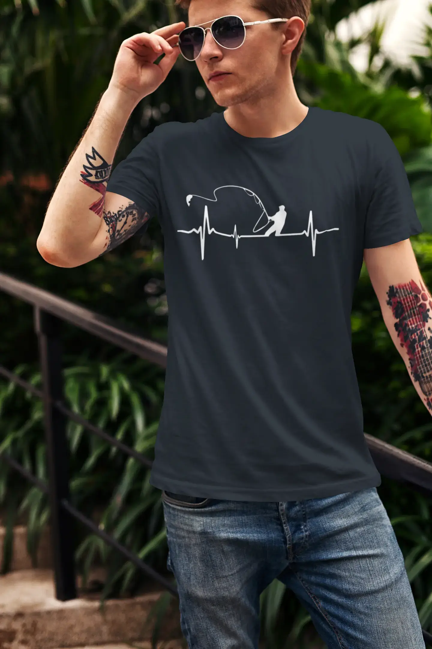 ULTRABASIC - White Graphic Printed Men's Fisherman
 Heartbeat T-Shirt Denim
