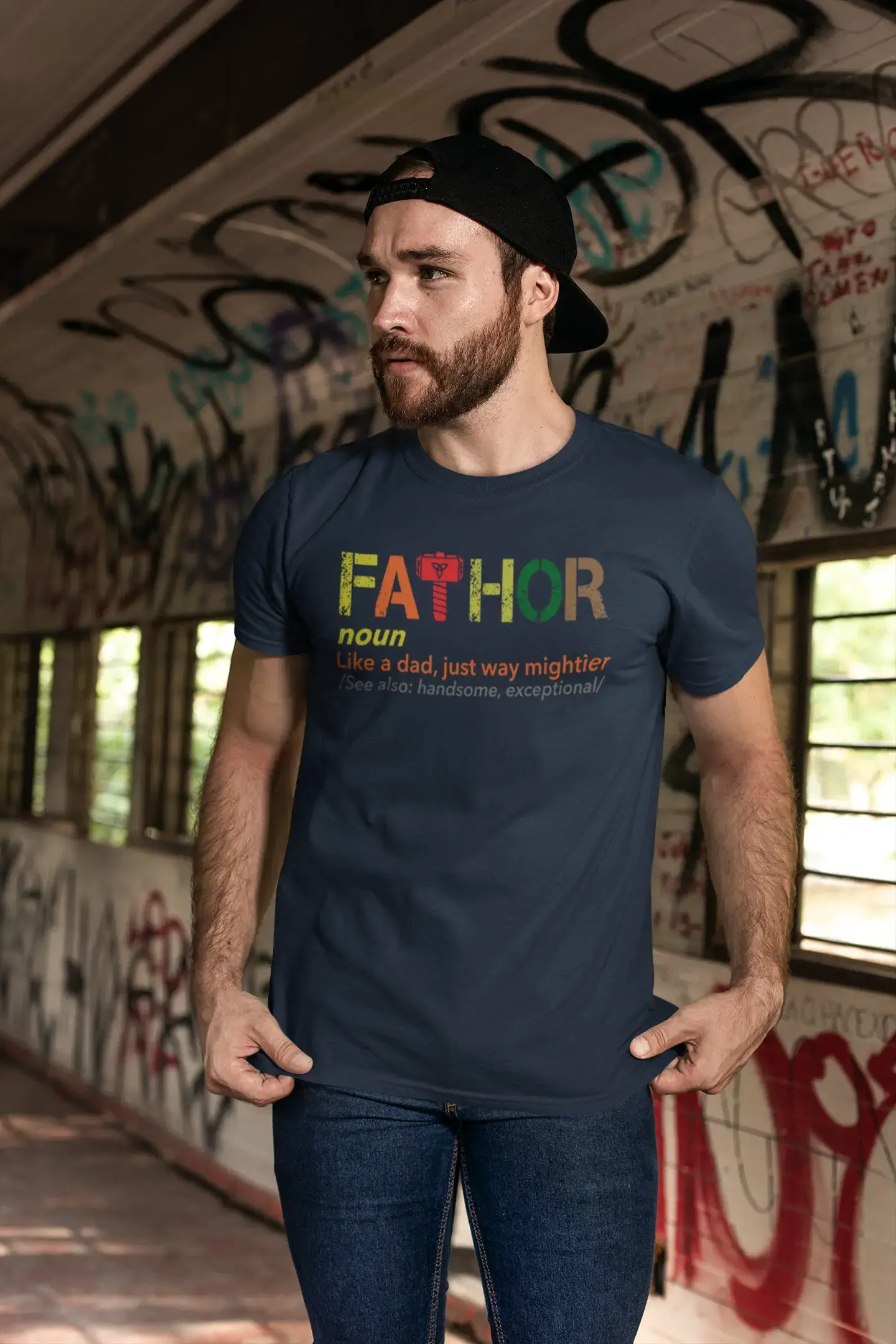 ULTRABASIC - Graphic Men's Fa-Thor Like Dad Just Way Mightier Shirt Printed Letters Denim