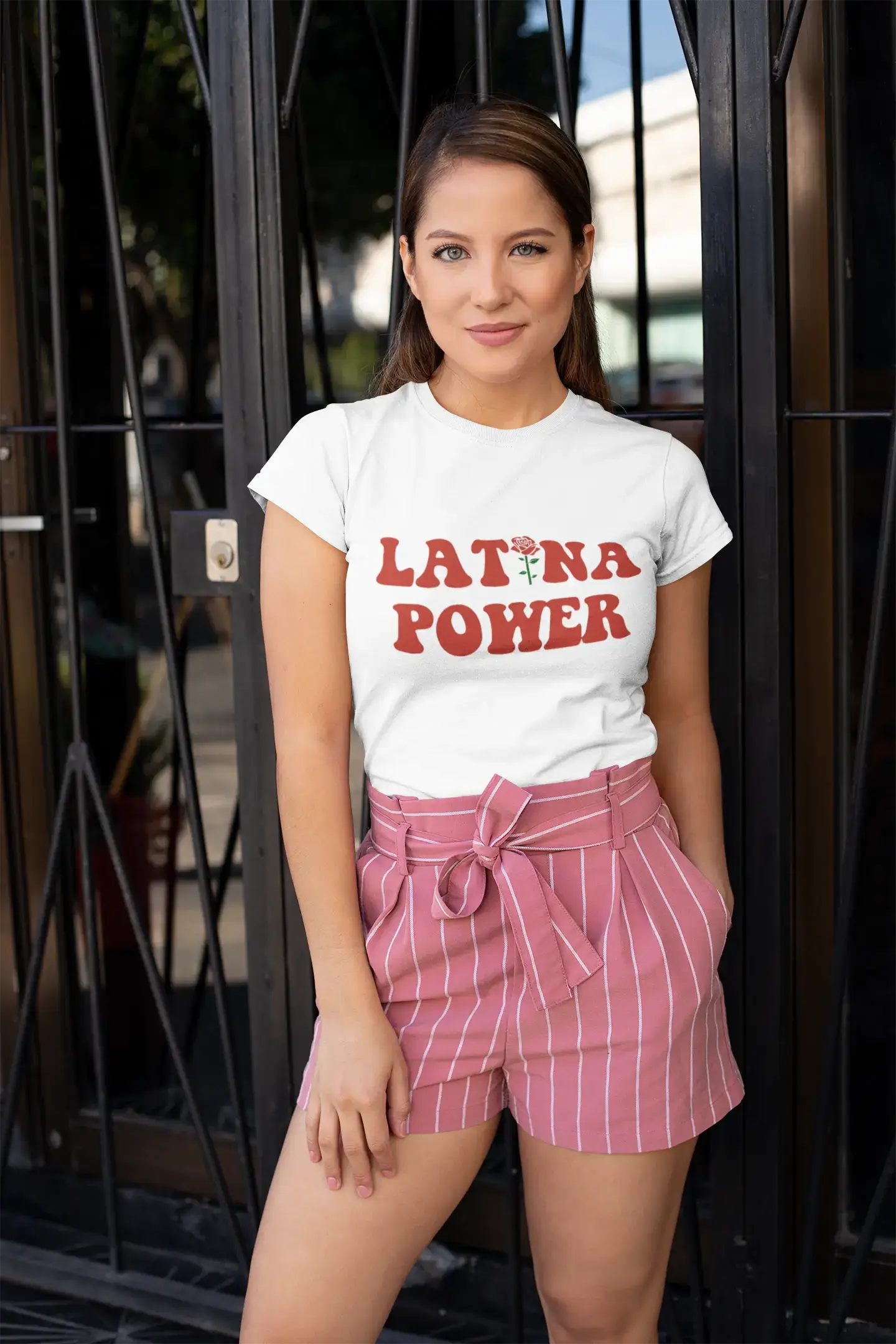 ULTRABASIC - Women's Low-Cut Round Neck T-Shirt Latina Power Printed Letters French Navy