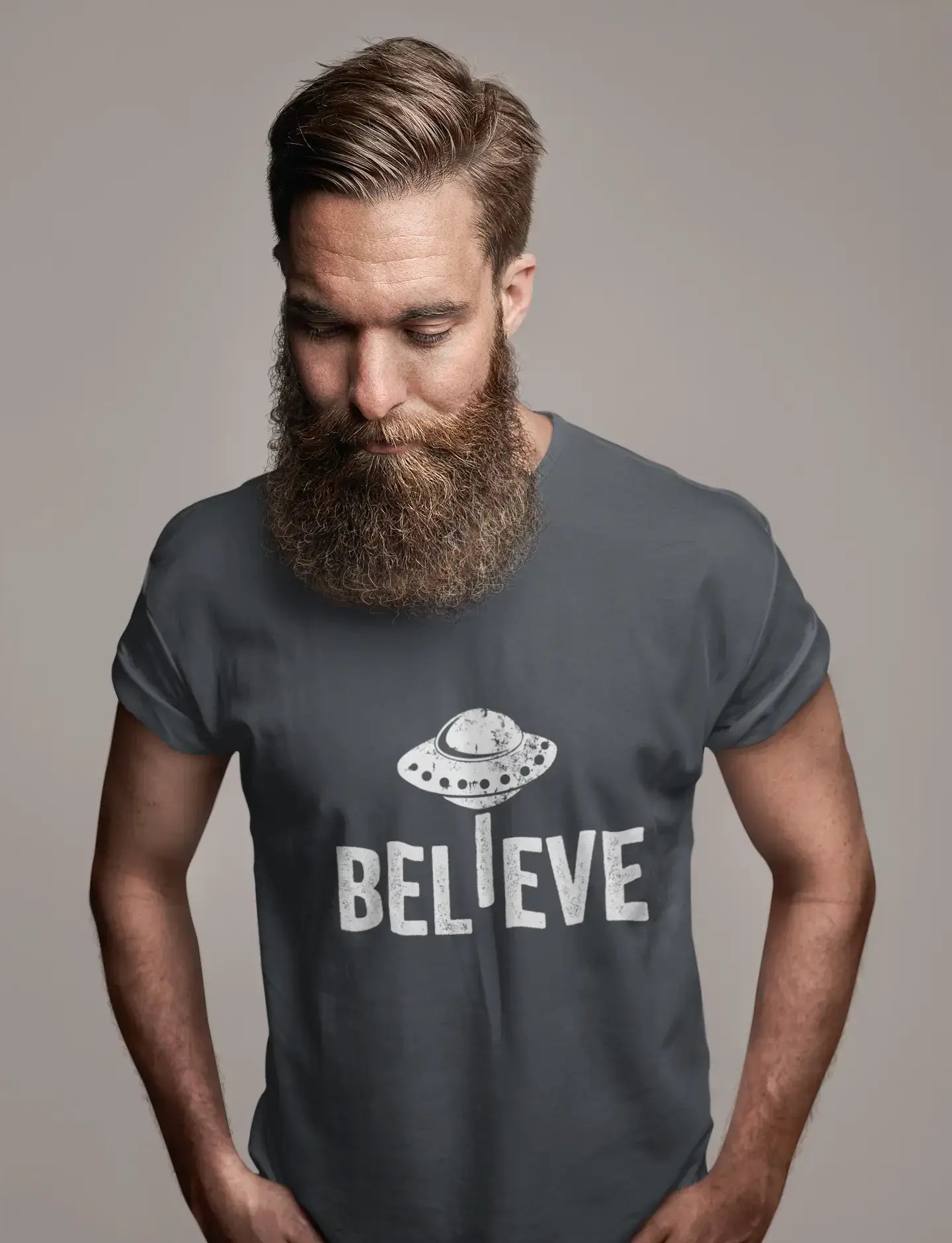 ULTRABASIC - Graphic Men's Believe UFO Alien T-Shirt Funny Casual Letter Print Tee Navy