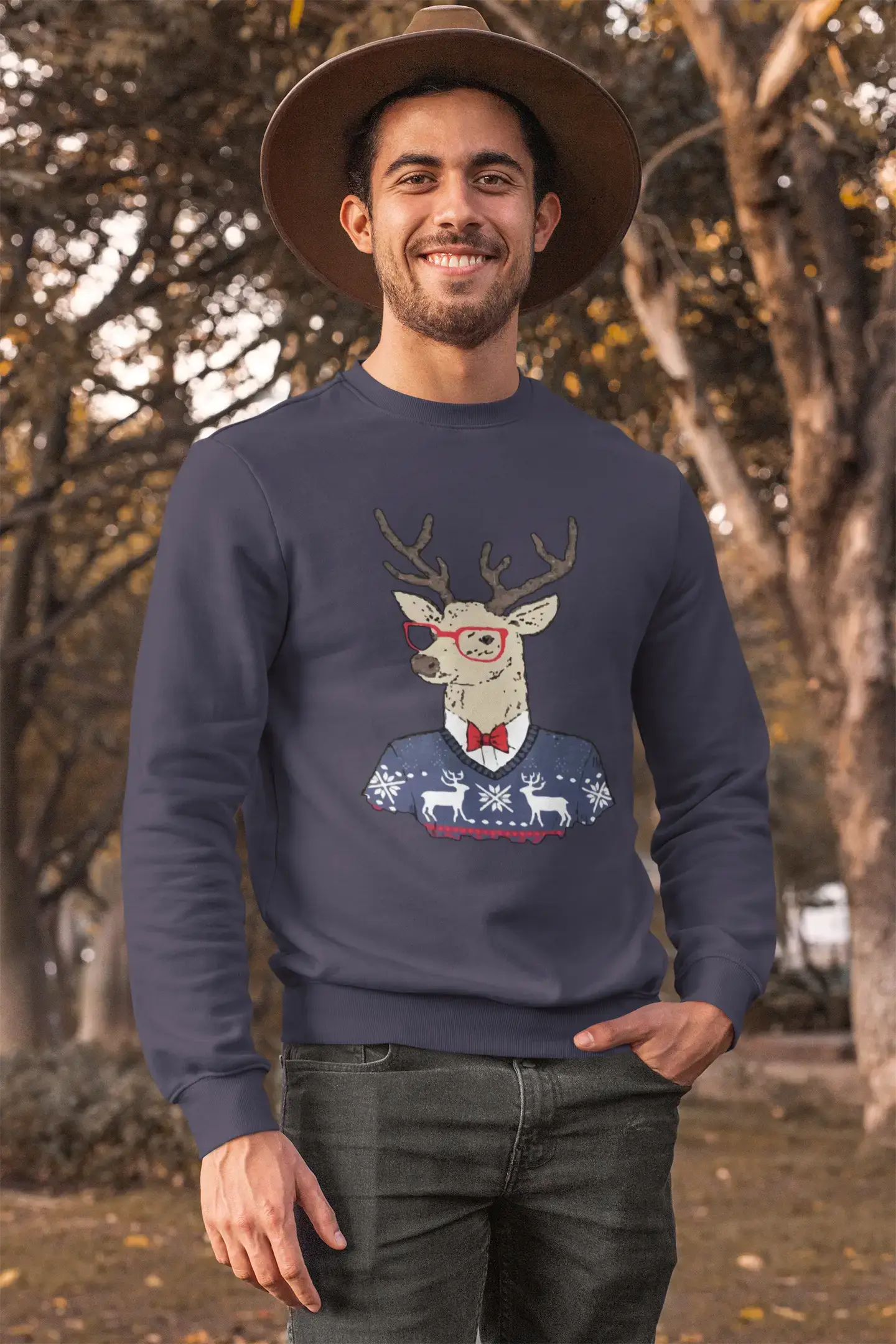 ULTRABASIC - Men's Printed Graphic Sweatshirt Christmas Deer French Navy
