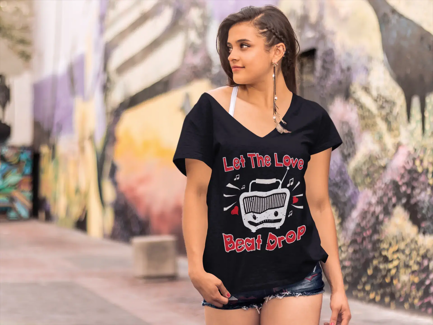 ULTRABASIC Women's T-Shirt Let the Love Beat Drop - Funny Valentine Music Tee Shirt