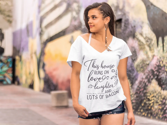 ULTRABASIC Women's T-Shirt This House Runs on Love Laughter and Lots of Bacon - Short Sleeve Tee Shirt Tops