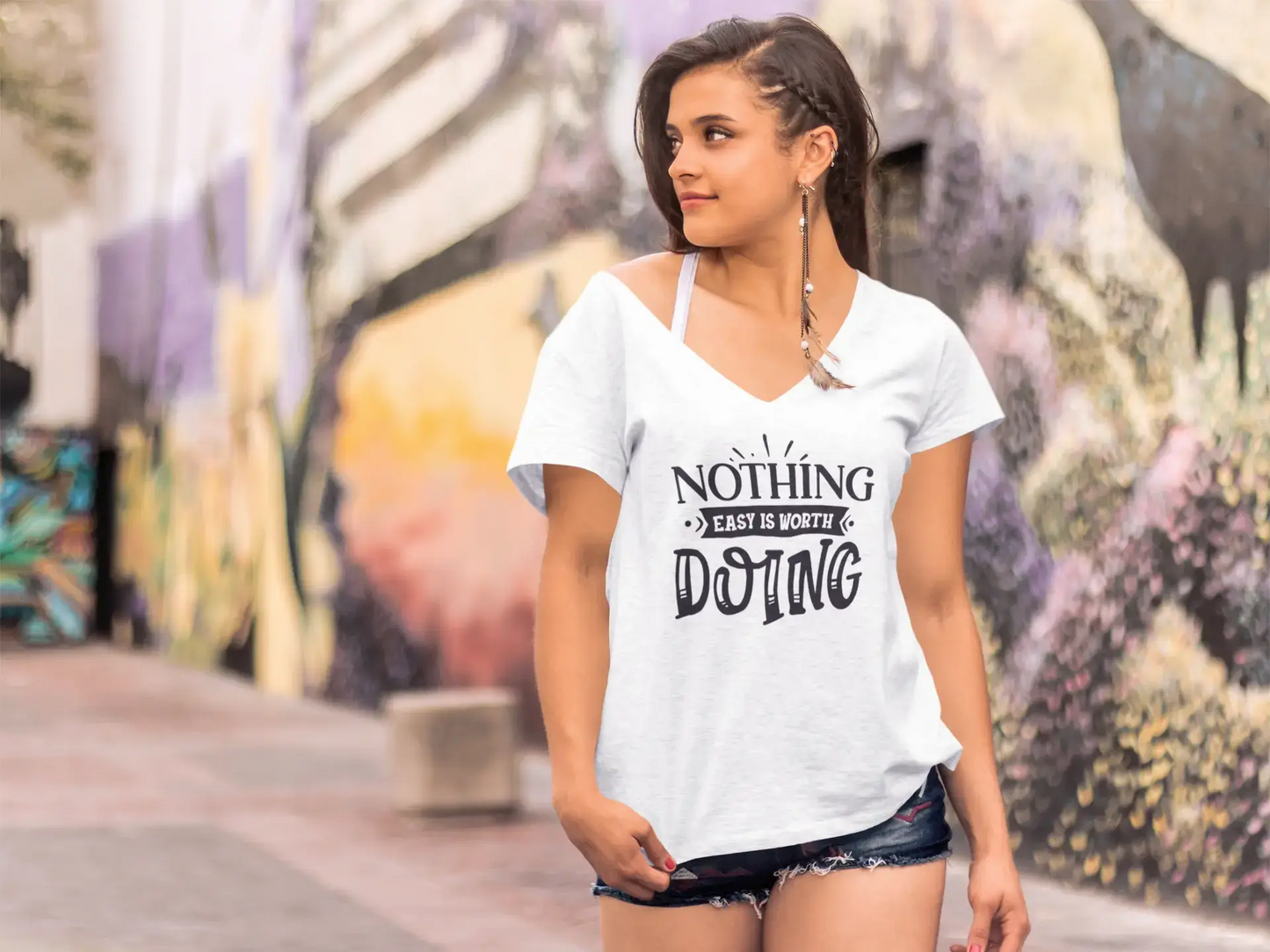 ULTRABASIC Women's T-Shirt Nothing Easy is Worth Doing - Slogan Short Sleeve Tee Shirt Tops