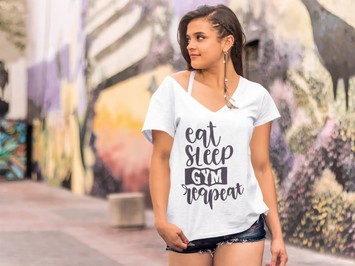 ULTRABASIC T-shirt fantaisie pour femme Eat Sleep Gym Repeat – T-shirt drôle de gym