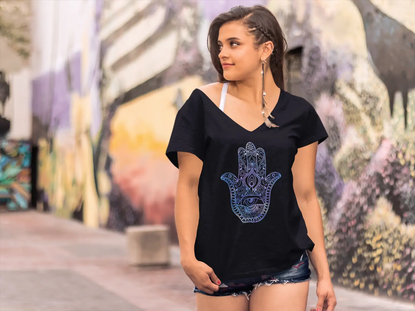 T-shirt col en V ULTRABASIC pour femmes Hamsa Yoga - Tee-shirt de méditation spirituelle