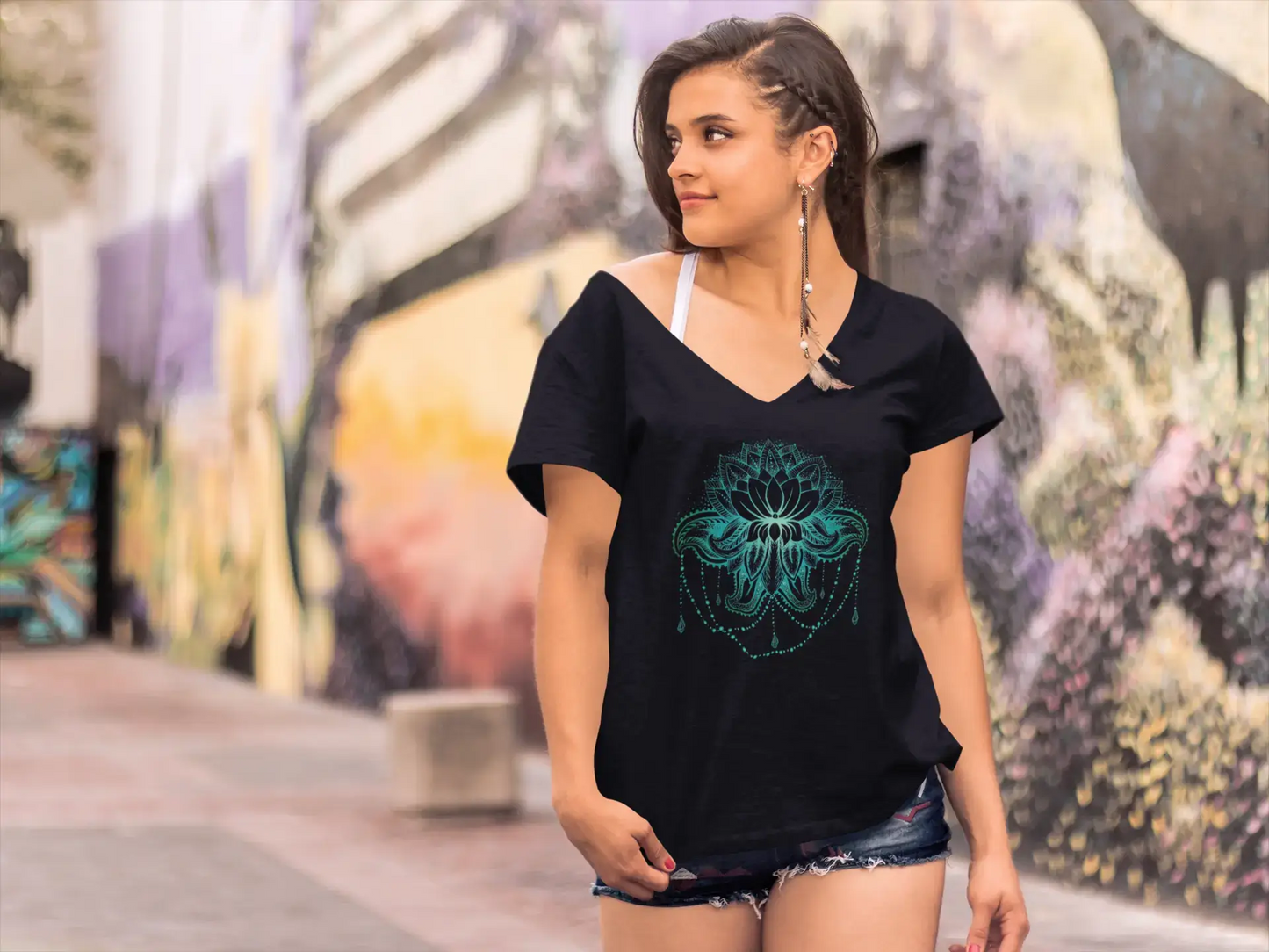 ULTRABASIC T-Shirt col en V Femme Fleur de Lotus Bohème - Méditation Spirituelle Yoga Cadeau T-Shirt