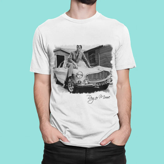 Roger Moore Car, Blanc , T-shirt à manches courtes et col rond pour homme, t-shirt cadeau 00295