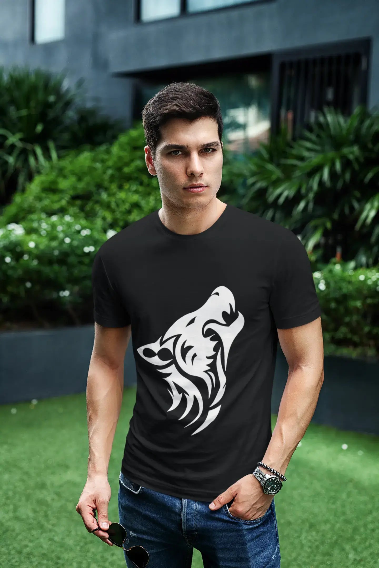 Wolf Tribal Tattoo Noir, T-shirt cadeau, T-shirt homme, Col rond noir 00166