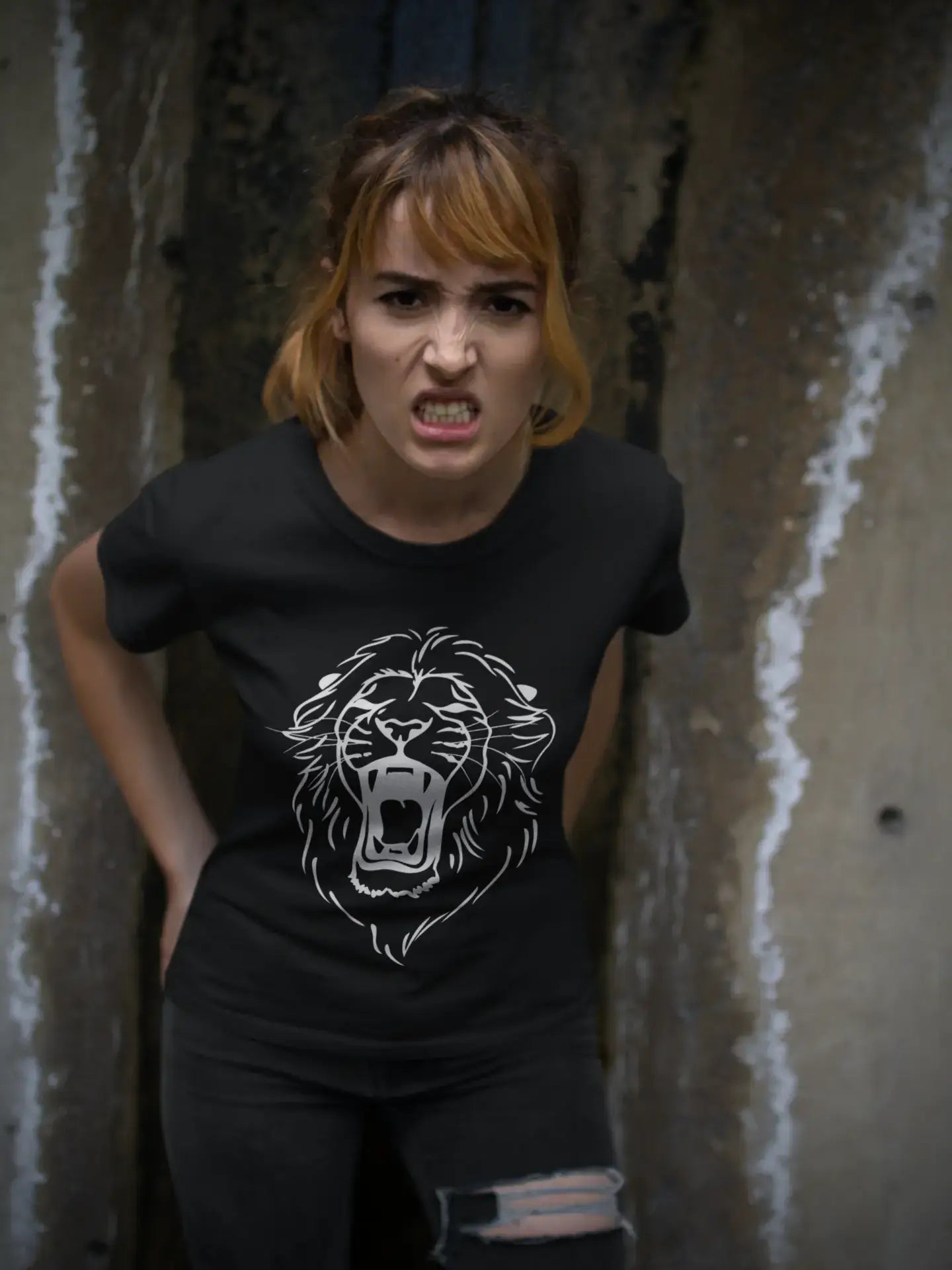 T-shirt noir avec tatouage tête de Lion en colère, T-shirt noir pour femmes, 00165