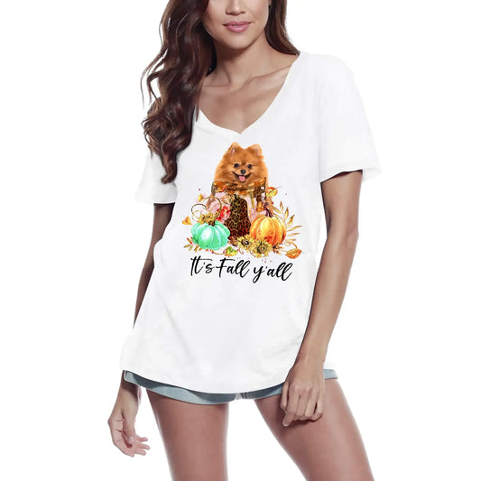Women's Graphic T-Shirt V Neck It's Fall Y'all - Pomeranian Dog Lover Eco-Friendly Ladies Limited Edition Short Sleeve Tee-Shirt Vintage Birthday Gift Novelty