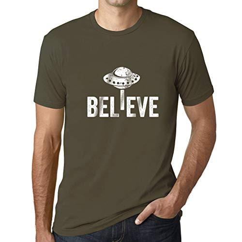 Ultrabasic - Homme Graphique Believe OVNI Extraterrestre T-Shirt Impression de Lettre Occasionnelle Drôle Army
