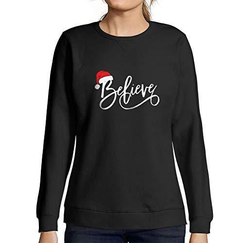Ultrabasic - Femme Imprimé Graphique Sweat-Shirt Believe Hat Père Noël Pull de Noel Idées Cadeaux