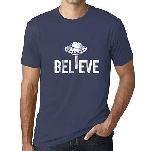 Ultrabasic - Homme Graphique Believe OVNI Extraterrestre T-Shirt Impression de Lettre Occasionnelle Drôle Denim