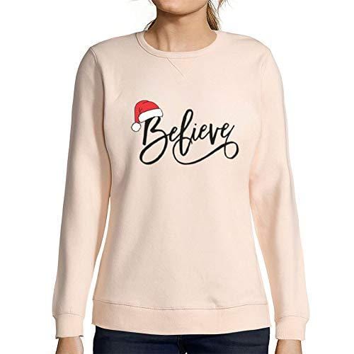 Ultrabasic - Femme Imprimé Graphique Sweat-Shirt Believe Hat Père Noël Pull de Noel Idées Cadeaux