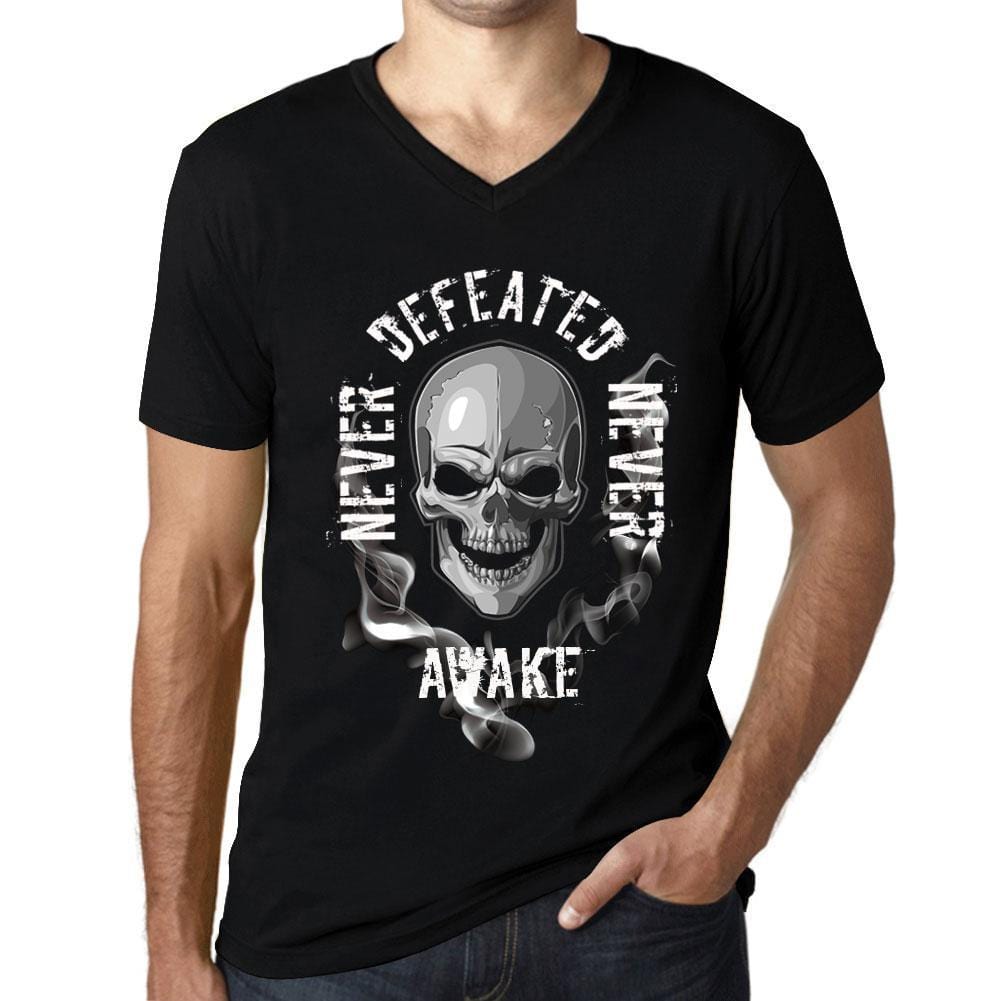 Men&rsquo;s Graphic V-Neck T-Shirt Never Defeated, Never AWAKE Deep Black - Ultrabasic