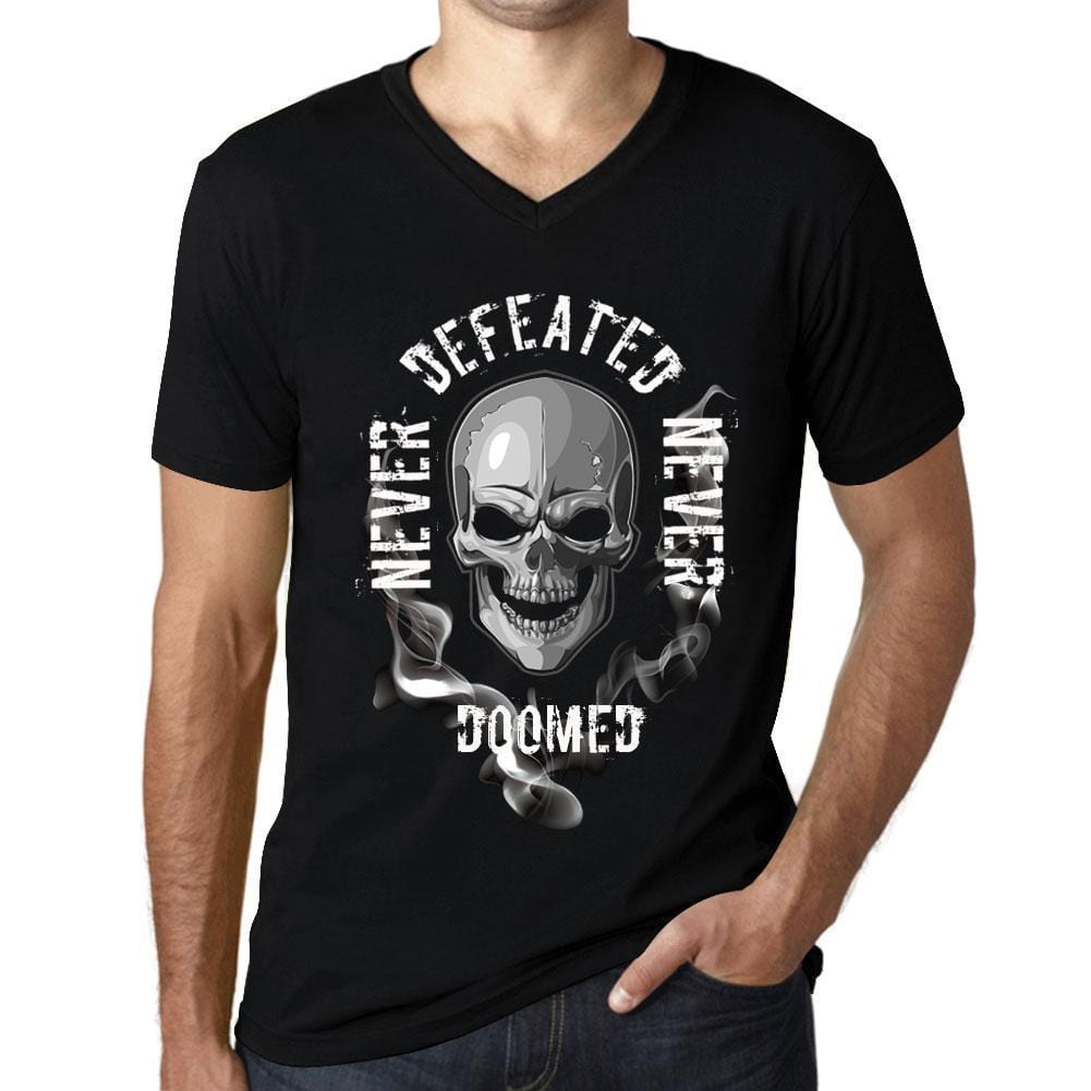 Men&rsquo;s Graphic V-Neck T-Shirt Never Defeated, Never DOOMED Deep Black - Ultrabasic