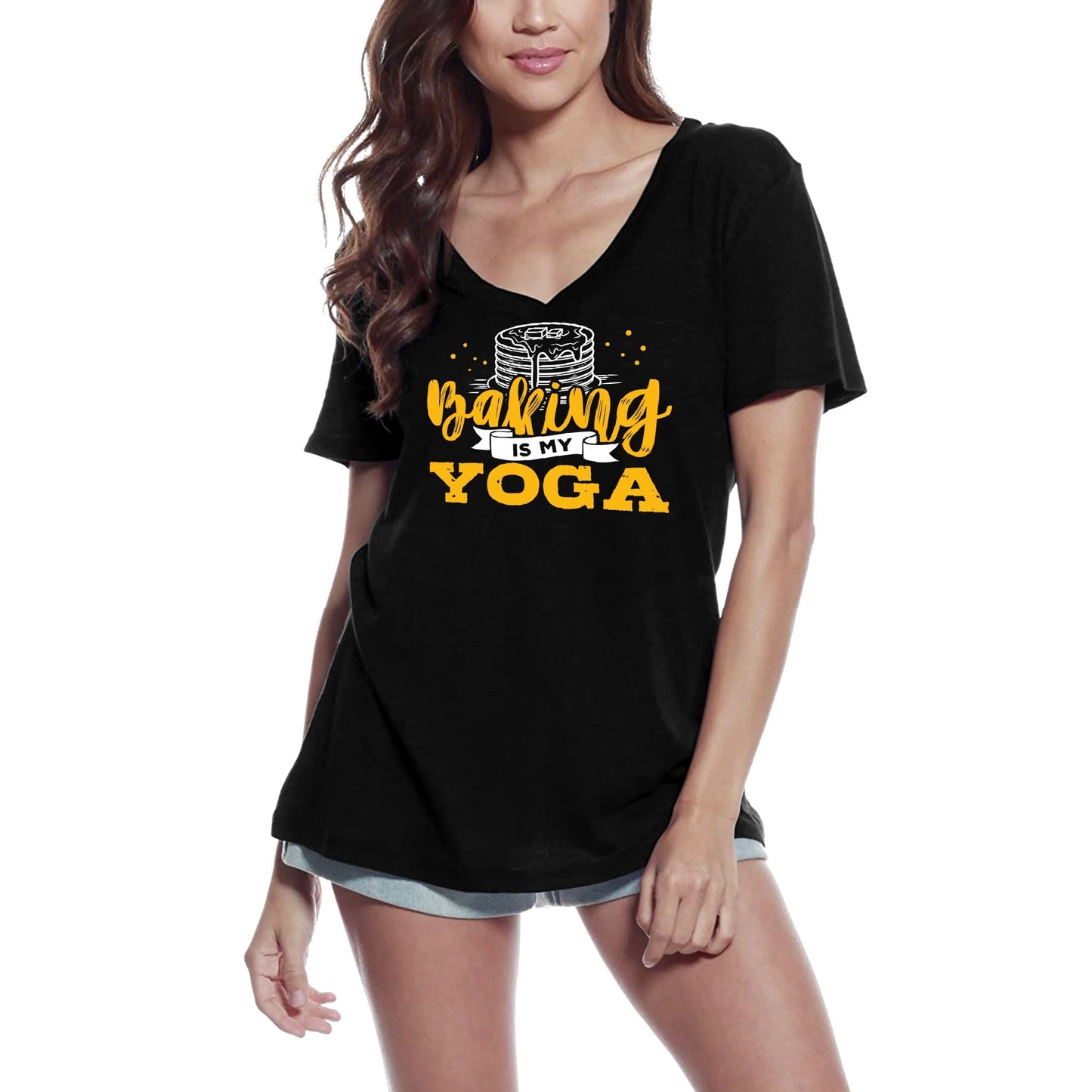 ULTRABASIC T-shirt col en V pour femme Baking is My Yoga - Cooking Cake Tee Shirt