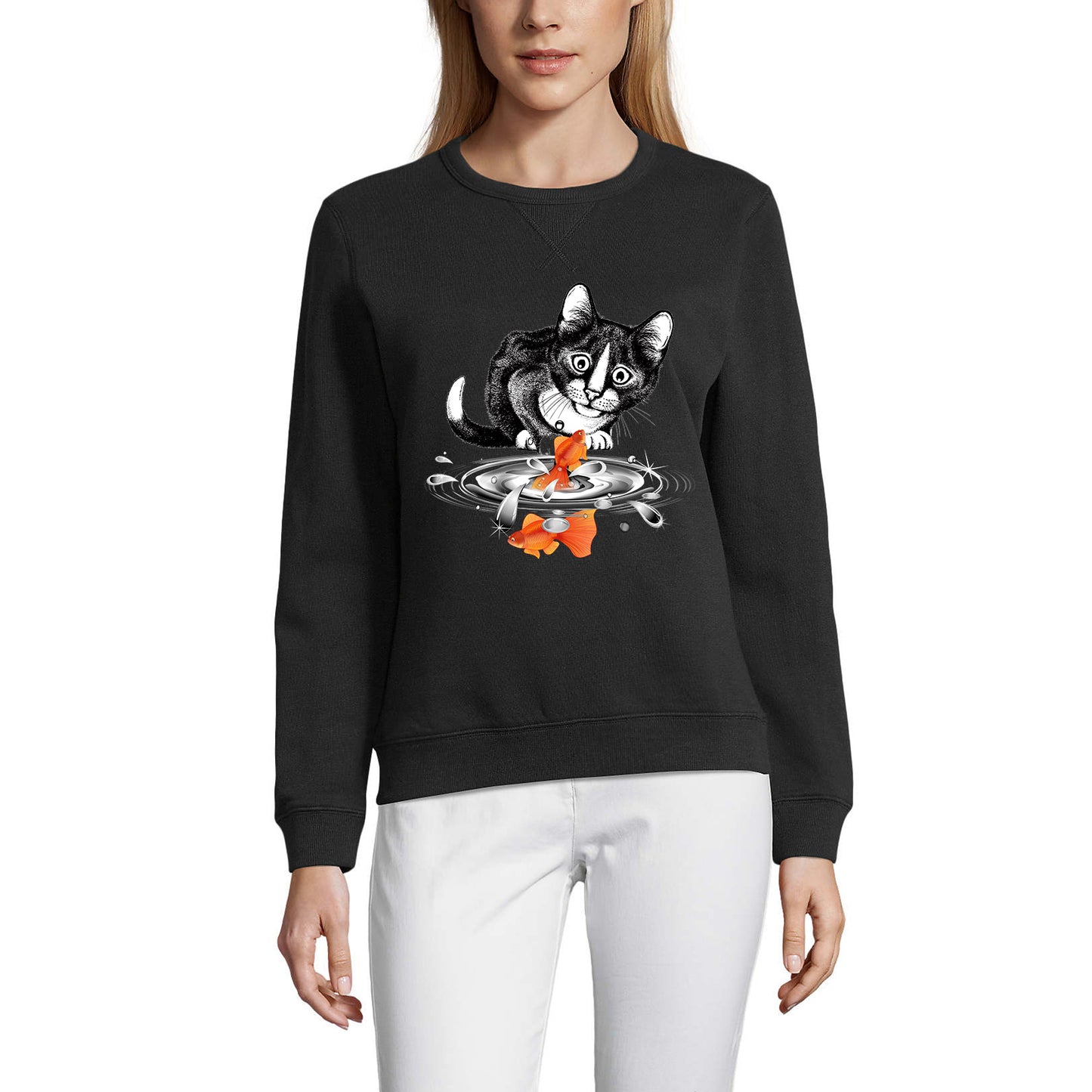 ULTRABASIC Women's Sweatshirt Cat and Fish - Kitten Funny Sweater for Ladies