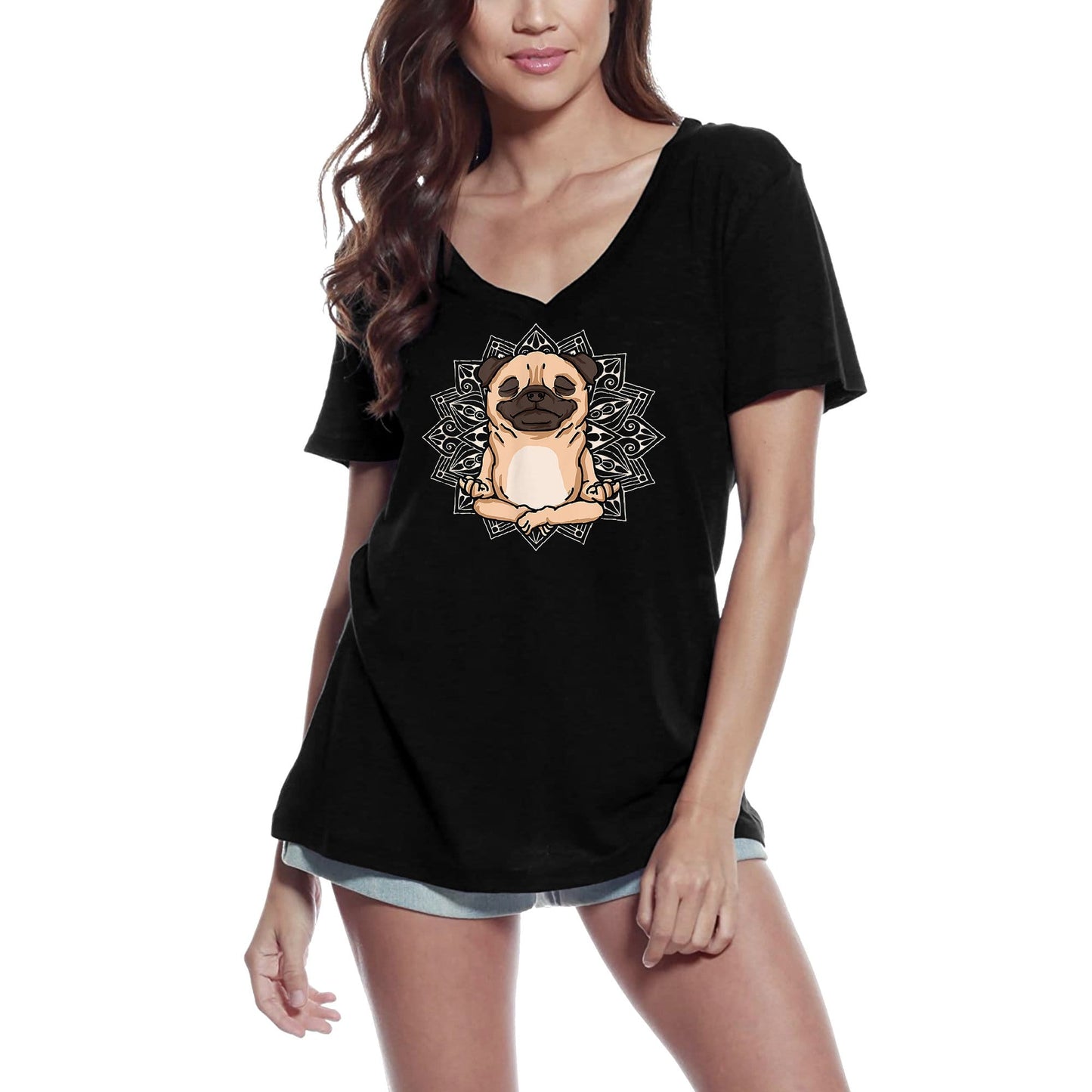 ULTRABASIC T-shirt col en V pour femme Yoga Carlin Chien – T-shirt drôle de méditation spirituelle
