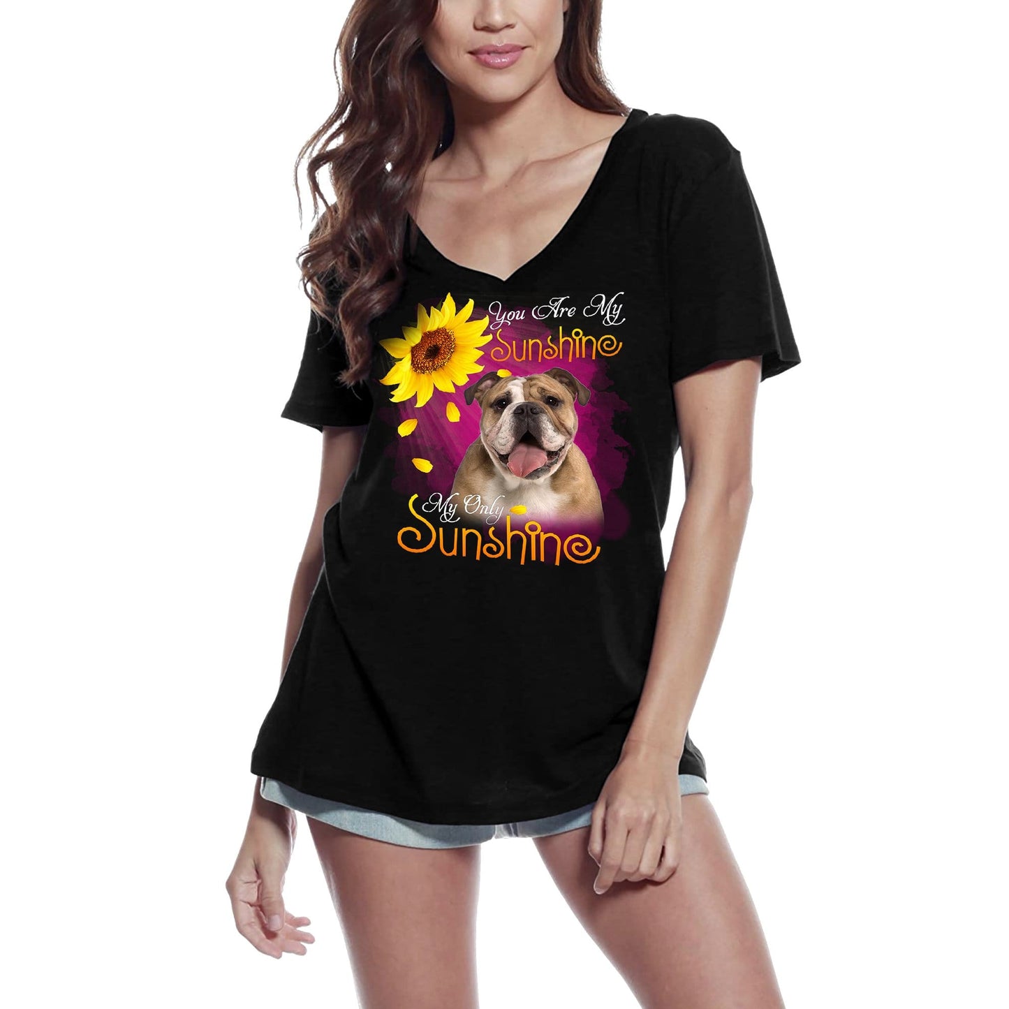 T-Shirt Col V Femme ULTRABASIC My Only Sunshine - Bouledogue Anglais