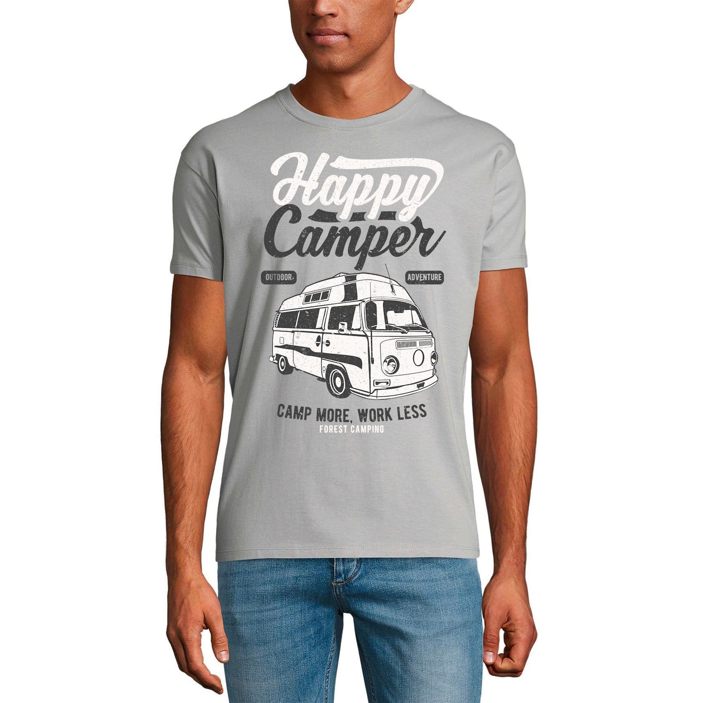 ULTRABASIC Men's T-Shirt Happy Camper Camp More Work Less - Outdoor Adventure Tee Shirt