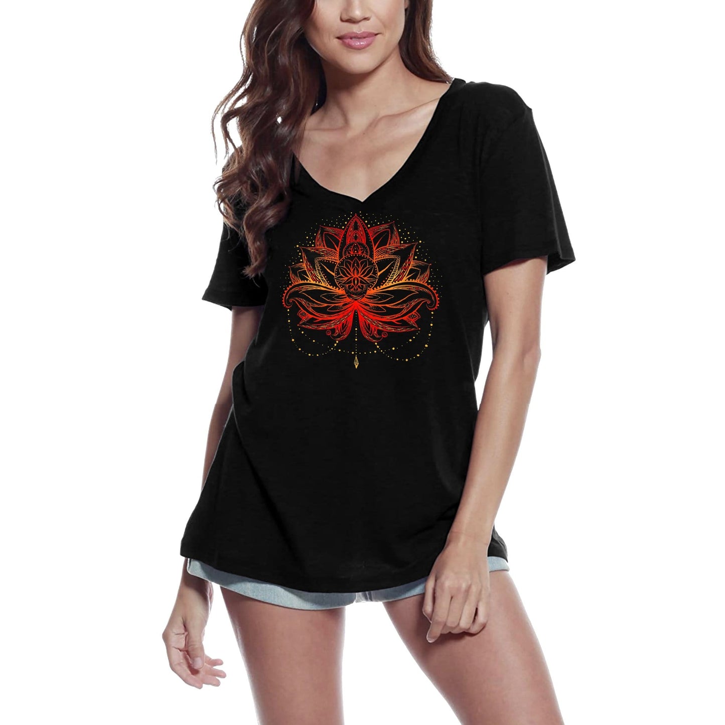 ULTRABASIC T-Shirt col en V pour Femme Fleur de Lotus Feu - Méditation Spirituelle Yoga Cadeau T-Shirt