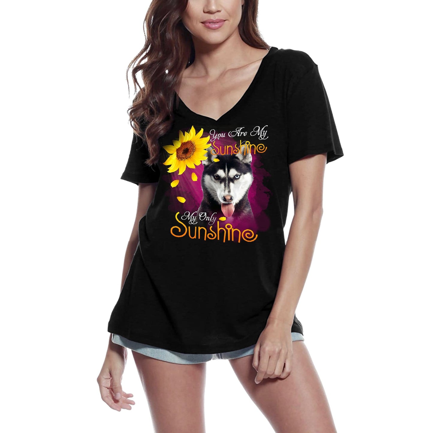 T-Shirt Col V Femme ULTRABASIC My Only Sunshine - Husky Sibérien