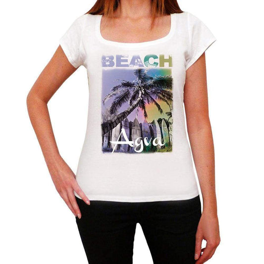Agva Beach Name Palm White Womens Short Sleeve Round Neck T-Shirt 00287 - White / Xs - Casual