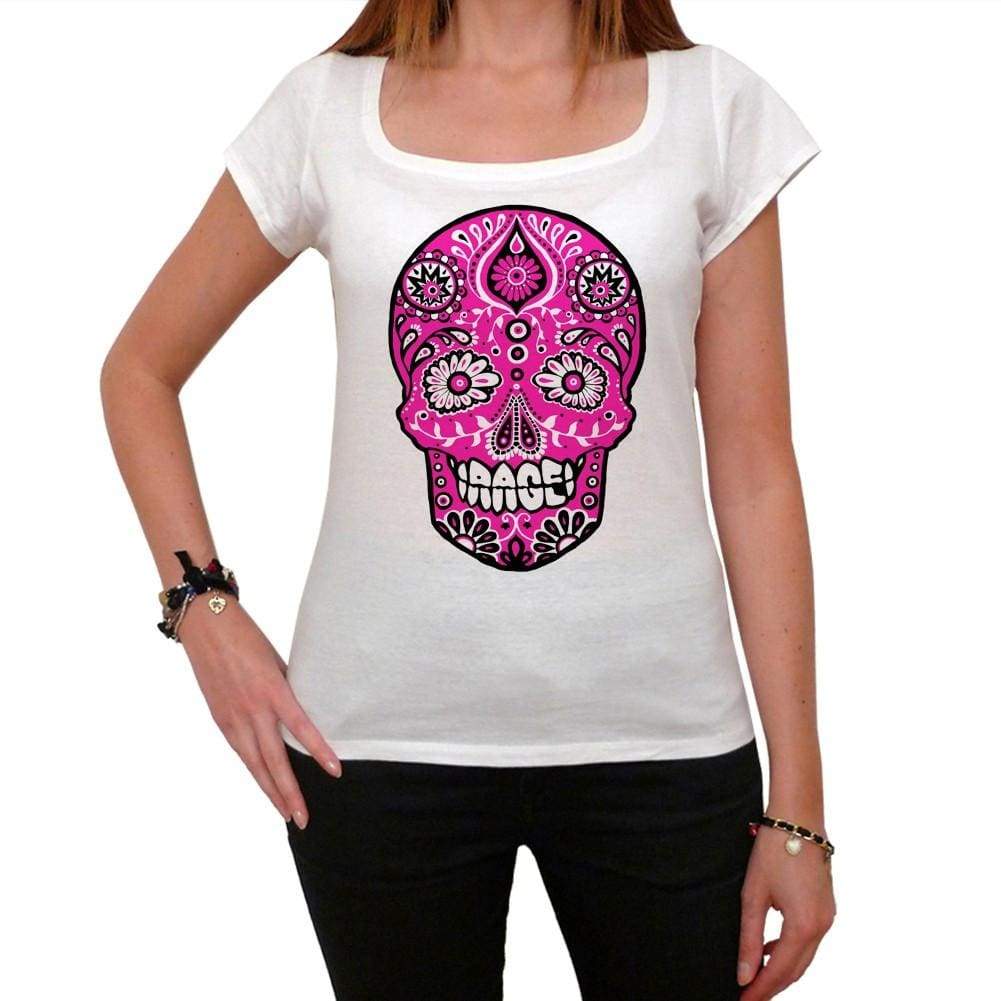 Day Of The Dead Skull Pink Rage White Womens T-Shirt 100% Cotton 00188