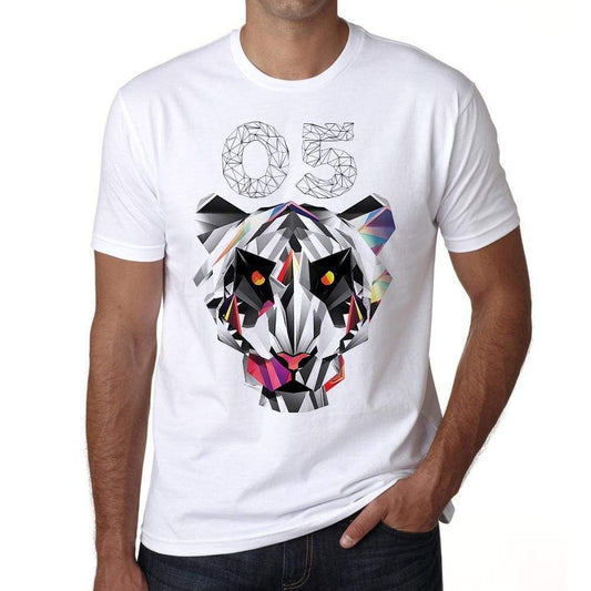 Geometric Tiger Number 05 White Mens Short Sleeve Round Neck T-Shirt 00282 - White / S - Casual