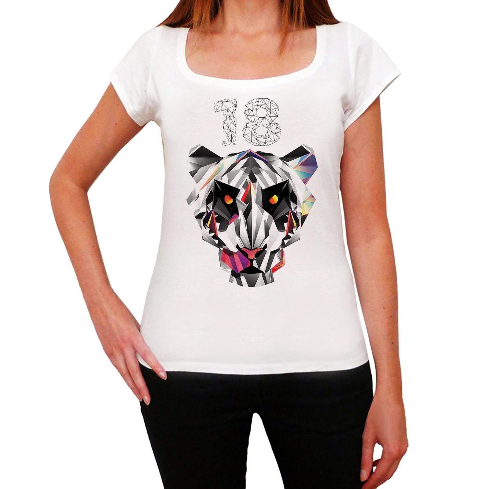 Geometric Tiger Number 18 White Womens Short Sleeve Round Neck T-Shirt 00283 - White / Xs - Casual