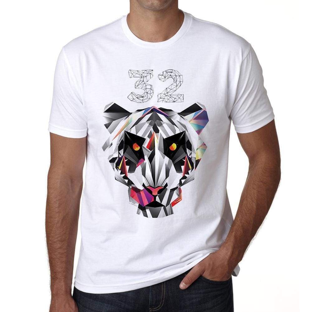 Geometric Tiger Number 32 White Mens Short Sleeve Round Neck T-Shirt 00282 - White / S - Casual