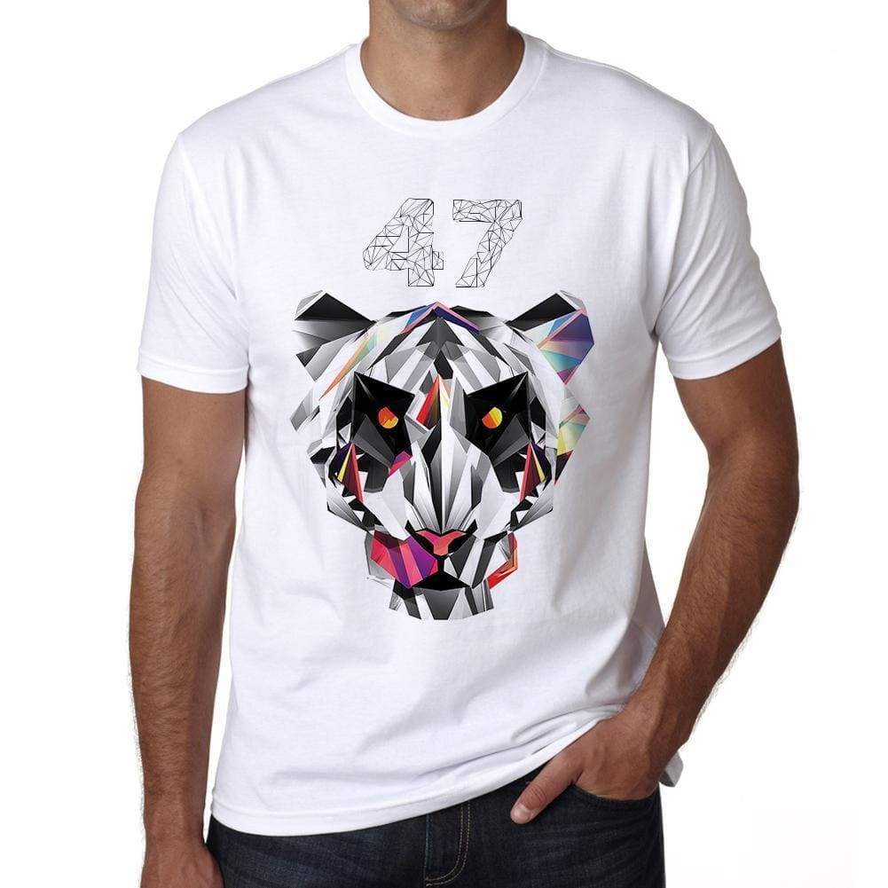 Geometric Tiger Number 47 White Mens Short Sleeve Round Neck T-Shirt 00282 - White / S - Casual